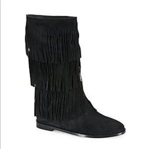 Alice + Olivia Panumas Fringe Mid Calf Boot Black Size 6 NWOB